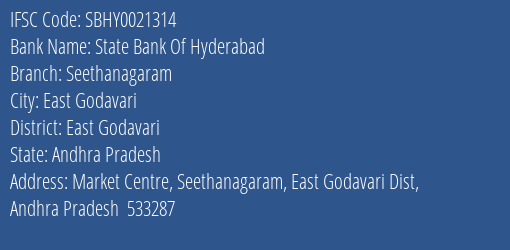 State Bank Of Hyderabad Seethanagaram Branch East Godavari IFSC Code SBHY0021314