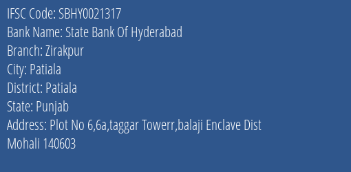 State Bank Of Hyderabad Zirakpur Branch Patiala IFSC Code SBHY0021317