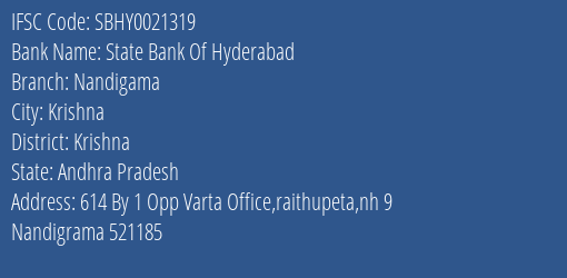 State Bank Of Hyderabad Nandigama Branch Krishna IFSC Code SBHY0021319