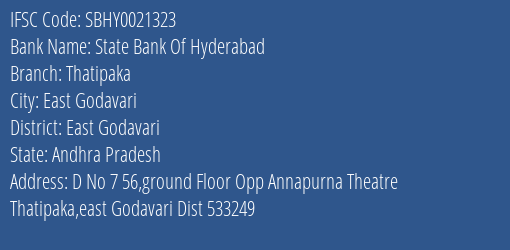 State Bank Of Hyderabad Thatipaka Branch East Godavari IFSC Code SBHY0021323