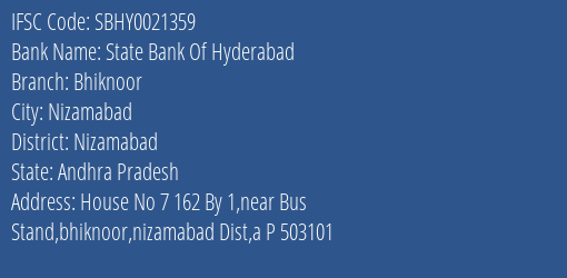State Bank Of Hyderabad Bhiknoor Branch Nizamabad IFSC Code SBHY0021359