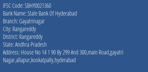 State Bank Of Hyderabad Gayatrinagar Branch Rangareddy IFSC Code SBHY0021360