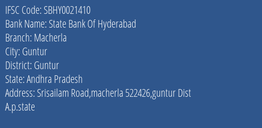 State Bank Of Hyderabad Macherla Branch, Branch Code 021410 & IFSC Code Sbhy0021410
