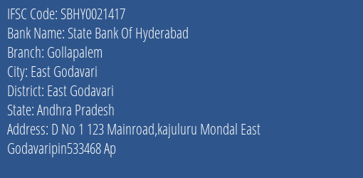 State Bank Of Hyderabad Gollapalem Branch East Godavari IFSC Code SBHY0021417