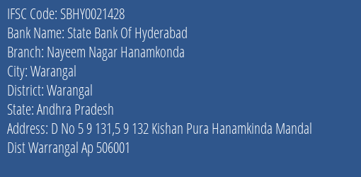 State Bank Of Hyderabad Nayeem Nagar Hanamkonda Branch Warangal IFSC Code SBHY0021428