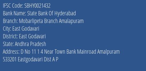 State Bank Of Hyderabad Mobarlipeta Branch Amalapuram Branch East Godavari IFSC Code SBHY0021432