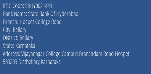 State Bank Of Hyderabad Hospet College Road Branch Bellary IFSC Code SBHY0021449