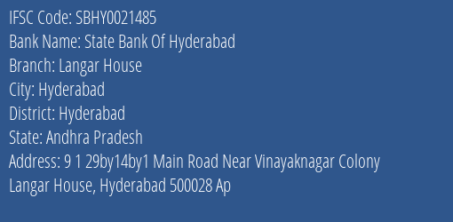 State Bank Of Hyderabad Langar House Branch Hyderabad IFSC Code SBHY0021485