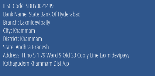 State Bank Of Hyderabad Laxmidevipally Branch Khammam IFSC Code SBHY0021499