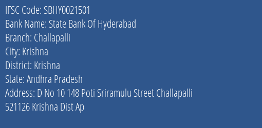 State Bank Of Hyderabad Challapalli Branch Krishna IFSC Code SBHY0021501