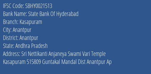 State Bank Of Hyderabad Kasapuram Branch Anantpur IFSC Code SBHY0021513