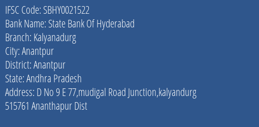 State Bank Of Hyderabad Kalyanadurg Branch Anantpur IFSC Code SBHY0021522