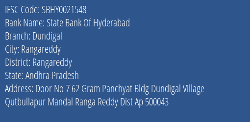 State Bank Of Hyderabad Dundigal Branch Rangareddy IFSC Code SBHY0021548
