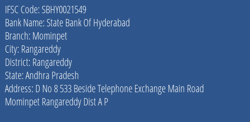 State Bank Of Hyderabad Mominpet Branch Rangareddy IFSC Code SBHY0021549