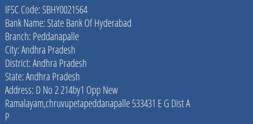 State Bank Of Hyderabad Peddanapalle Branch Andhra Pradesh IFSC Code SBHY0021564