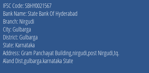 State Bank Of Hyderabad Nirgudi Branch Gulbarga IFSC Code SBHY0021567