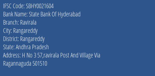 State Bank Of Hyderabad Ravirala Branch Rangareddy IFSC Code SBHY0021604