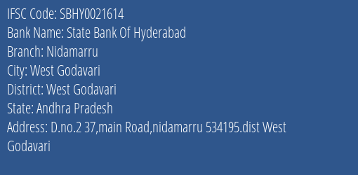 State Bank Of Hyderabad Nidamarru Branch West Godavari IFSC Code SBHY0021614