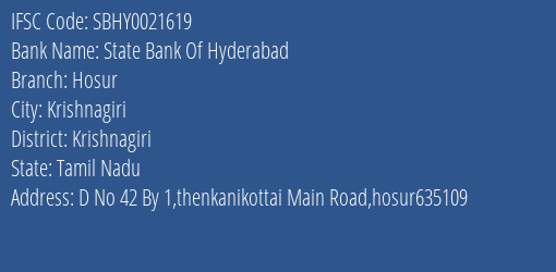 State Bank Of Hyderabad Hosur Branch Krishnagiri IFSC Code SBHY0021619