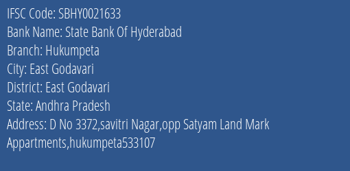 State Bank Of Hyderabad Hukumpeta Branch East Godavari IFSC Code SBHY0021633