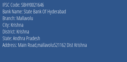 State Bank Of Hyderabad Mallavolu Branch Krishna IFSC Code SBHY0021646