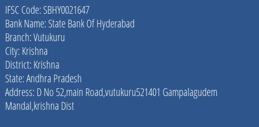 State Bank Of Hyderabad Vutukuru Branch Krishna IFSC Code SBHY0021647