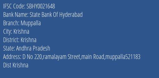 State Bank Of Hyderabad Muppalla Branch Krishna IFSC Code SBHY0021648