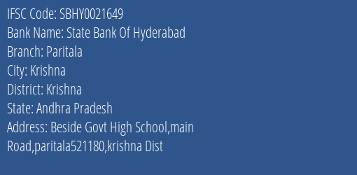 State Bank Of Hyderabad Paritala Branch Krishna IFSC Code SBHY0021649