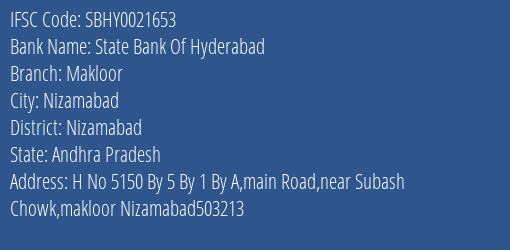 State Bank Of Hyderabad Makloor Branch Nizamabad IFSC Code SBHY0021653