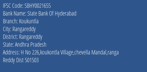State Bank Of Hyderabad Koukuntla Branch Rangareddy IFSC Code SBHY0021655