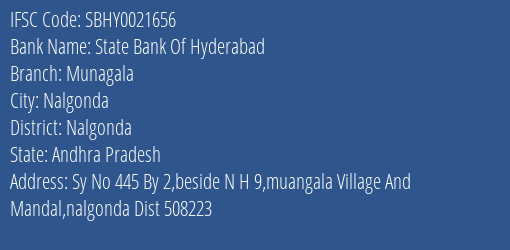 State Bank Of Hyderabad Munagala Branch Nalgonda IFSC Code SBHY0021656