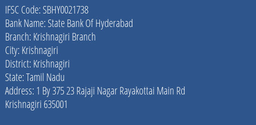 State Bank Of Hyderabad Krishnagiri Branch Branch Krishnagiri IFSC Code SBHY0021738