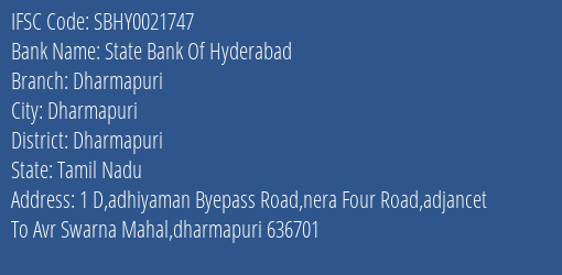 State Bank Of Hyderabad Dharmapuri Branch Dharmapuri IFSC Code SBHY0021747