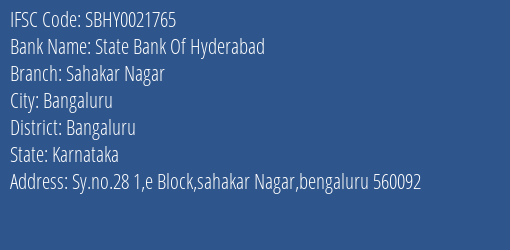 State Bank Of Hyderabad Sahakar Nagar Branch Bangaluru IFSC Code SBHY0021765