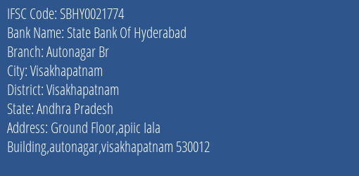 State Bank Of Hyderabad Autonagar Br Branch, Branch Code 021774 & IFSC Code Sbhy0021774