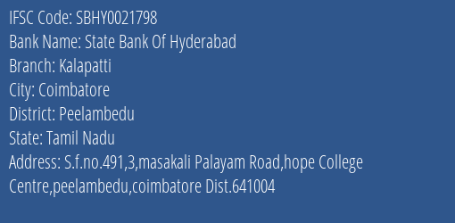 State Bank Of Hyderabad Kalapatti Branch Peelambedu IFSC Code SBHY0021798