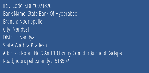 State Bank Of Hyderabad Noonepalle Branch, Branch Code 021820 & IFSC Code SBHY0021820