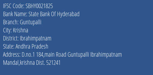 State Bank Of Hyderabad Guntupalli Branch, Branch Code 021825 & IFSC Code SBHY0021825