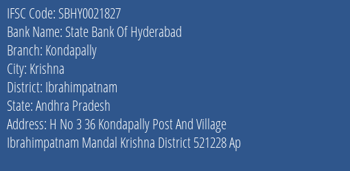 State Bank Of Hyderabad Kondapally Branch Ibrahimpatnam IFSC Code SBHY0021827