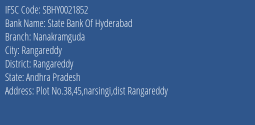 State Bank Of Hyderabad Nanakramguda Branch Rangareddy IFSC Code SBHY0021852