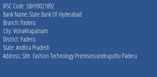 State Bank Of Hyderabad Paderu Branch Paderu IFSC Code SBHY0021892