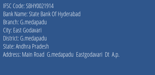 State Bank Of Hyderabad G.medapadu Branch, Branch Code 021914 & IFSC Code SBHY0021914