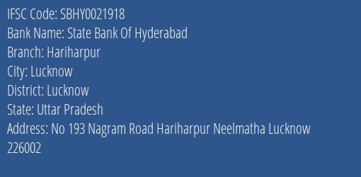 State Bank Of Hyderabad Hariharpur Branch Lucknow IFSC Code SBHY0021918