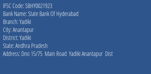 State Bank Of Hyderabad Yadiki Branch Yadiki IFSC Code SBHY0021923
