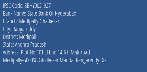 State Bank Of Hyderabad Medipally Ghatkesar Branch Medipalli IFSC Code SBHY0021927