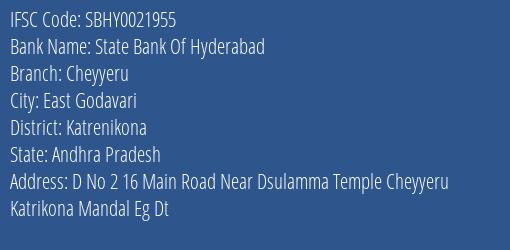 State Bank Of Hyderabad Cheyyeru Branch Katrenikona IFSC Code SBHY0021955