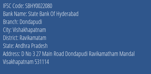 State Bank Of Hyderabad Dondapudi Branch Ravikamatam IFSC Code SBHY0022080