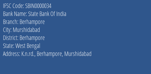 State Bank Of India Berhampore Branch Berhampore IFSC Code SBIN0000034
