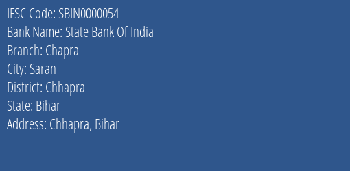 State Bank Of India Chapra Branch, Branch Code 000054 & IFSC Code Sbin0000054