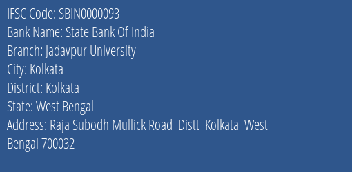 State Bank Of India Jadavpur University Branch Kolkata IFSC Code SBIN0000093